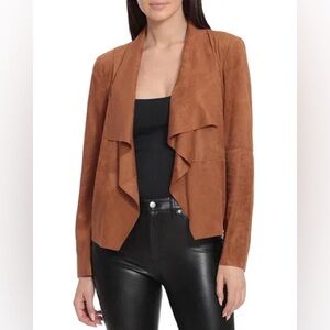 Bagatelle Genuine Leather Waterfall Drape Open Front Jacket Camel Brown Size L